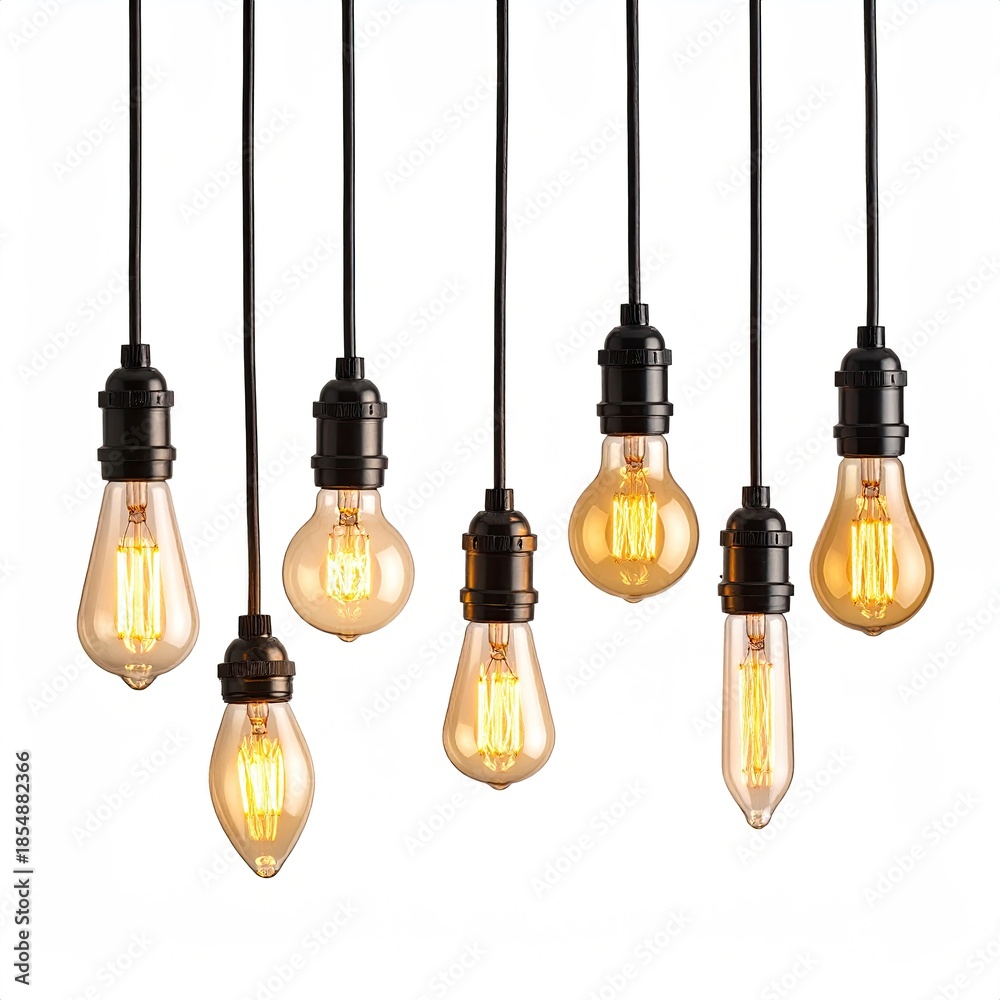 Obraz premium Eight Edison-style LED bulbs, various shapes, hanging