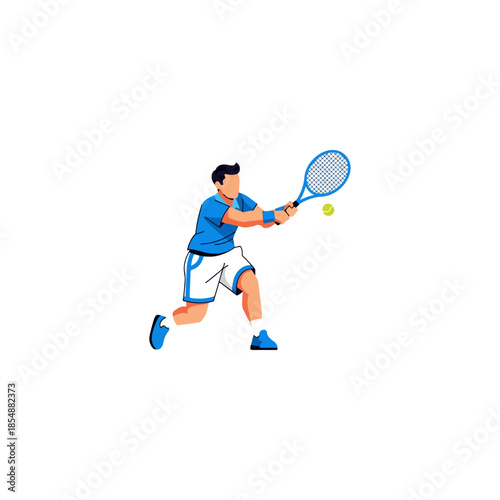 Tennis Player In Action Hitting Ball With Racket.