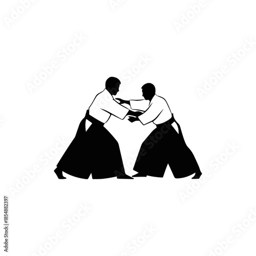 Two martial artists engage in grappling duel.