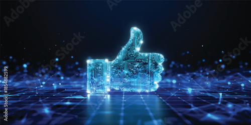 A digital illustration of a blue light water fountain at night symbolizes a network of data and social connection through a modern computer technology concept