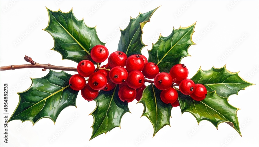 Obraz premium Holly branch with red berries isolated.