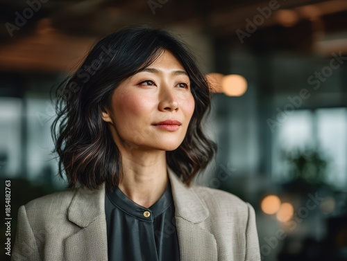 Confident Asian Businesswoman Portrait reflecting on mental wellness at work