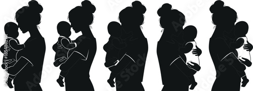 Set of silhouettes representing a mother holding her baby in various poses, symbolizing motherhood, love, care, and family bonding.