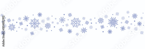 Winter border with light blue snowflakes on white background. Minimal festive garland for Christmas and New Year decoration. Frosty elegant design for banner. 