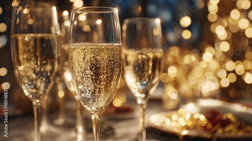 Champagne Flutes with Bubbly Liquid on a Table at a Festive Event