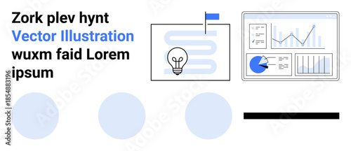Analytics dashboard with graphs, charts, business strategy path marked by a flag, and lightbulb as idea symbol. Ideal for business, innovation, strategy, planning, data analysis technology simple