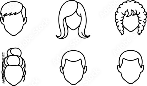 Hairstyle outline illustration set, black and white faceless heads, diverse hair designs, fashion grooming concept, avatar style reference