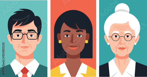 Diverse character portraits illustration, modern avatar design, stylized faces with unique outfits, age and cultural variation, colorful background art