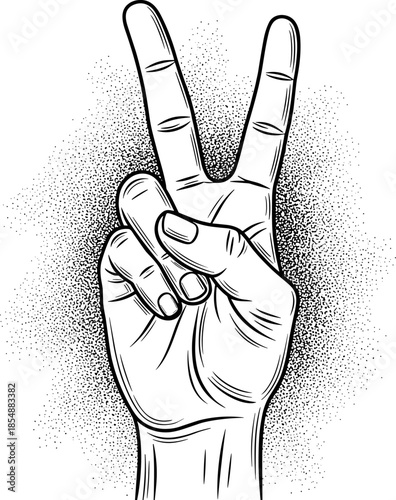 Peace hand gesture illustration, black and white victory sign, human fingers symbol, stippling texture art, cultural expression, goodwill icon