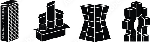 Black silhouette design concept of four different type building vector on transparent.
