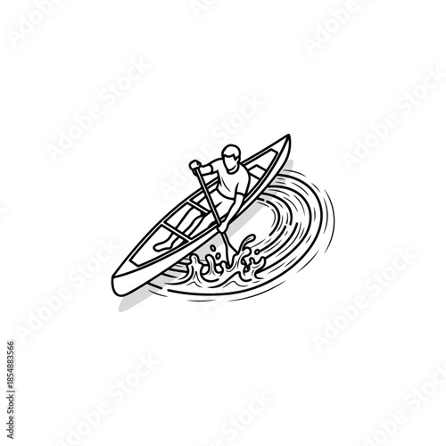 Paddler in a small canoe on water illustration.