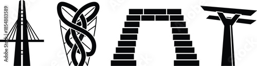 Four black modern bridge and arch design for architecture construction silhouette vectors.