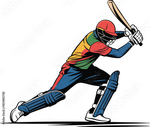 A stylized illustration of a cricket batsman in action preparing to hit
