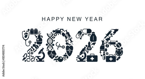 A creative depiction of the year 2026 formed from various medical and scientific icons