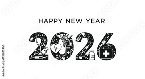 A new year greeting featuring the year 2026 creatively designed with medical symbols and imagery