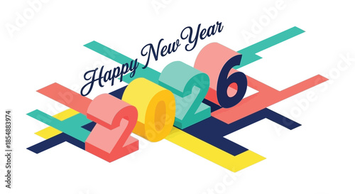 Abstract graphic design featuring the year 2026 with colorful overlapping shapes and celebratory text
