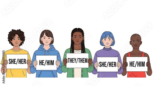 Diverse People Holding Pronoun Signs in Row