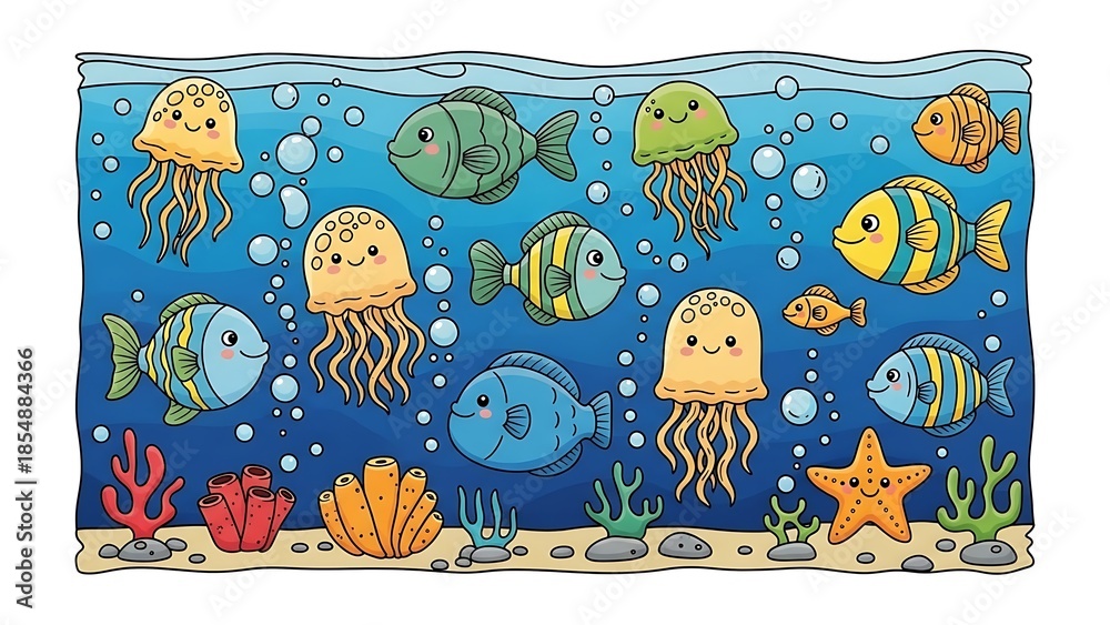 Naklejka premium Charming underwater scene filled with playful cartoon fish, colorful jellyfish, coral, and starfish on a bright blue background