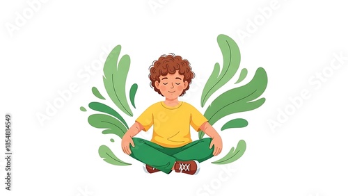 Boy Meditating in Nature Cartoon