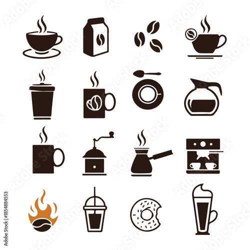 Coffee related icons in a grid on white background vector illustration