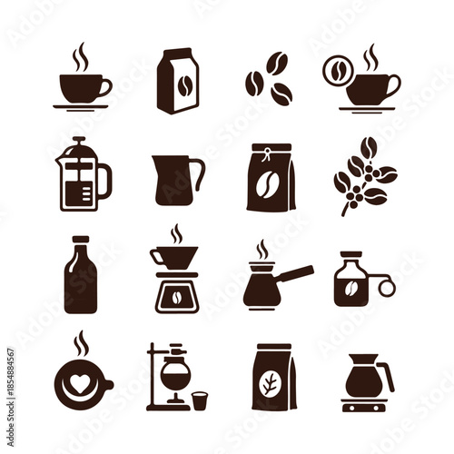 Coffee brewing and serving icons set with steam and beans Keywords: coffee, icons, set, brewing