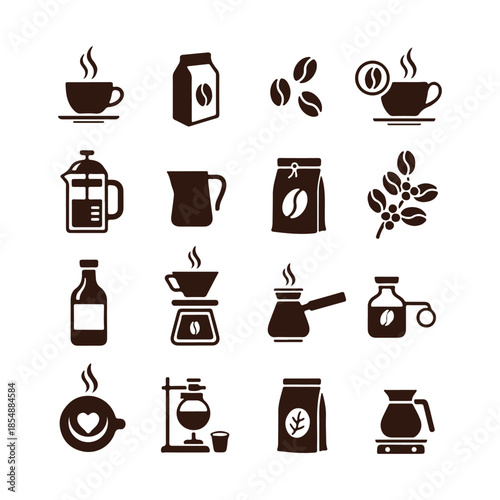 Coffee brewing and serving icons set with steam and beans Keywords: coffee, icons, set, brewing