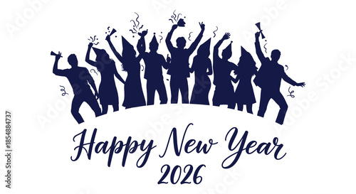 A celebratory silhouette of graduates raising their caps with happy new year 2026 text