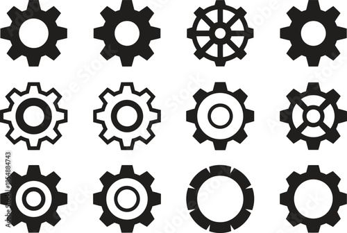 Gear symbol icon set, system configuration and mechanical tools, flat black vector illustration isolated on white background