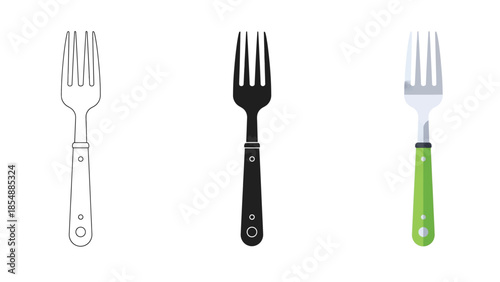 Forks Vector Set in Three Styles — Line Art, Silhouette and Color Version on Transparent Background