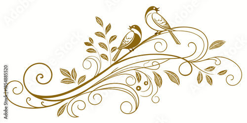Two birds perch on a decorative branch with swirling leaves, vector