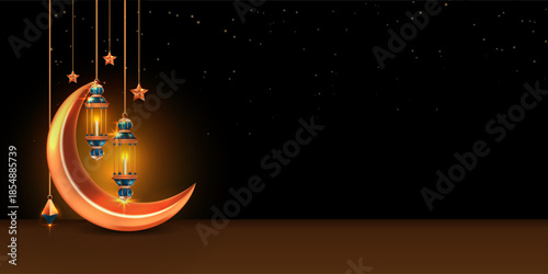 Ramadan Kareem crescent moon with hanging lanterns on black  night background illustration.