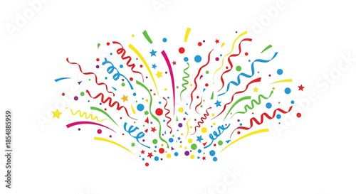 A vibrant explosion of colorful confetti streamers and sparkling stars against a clean white background