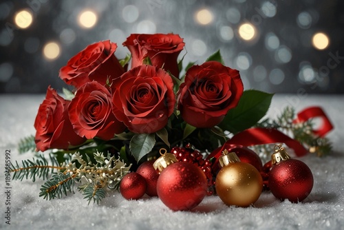 Christmas bouquet of red roses close-up festive holiday floral — ai