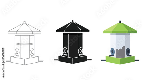 Bird Feeders Vector Set in Three Styles — Line Art, Silhouette and Color Version