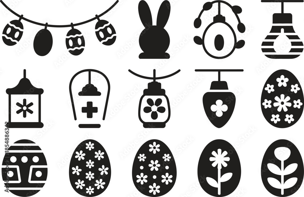 Naklejka premium Easter icon set, Easter symbols collection, spring holiday elements, flat black vector illustration isolated on white background