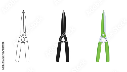 Pairs of Pruning Shears Vector Set in Three Styles — Line Art, Silhouette and Color Version for Gardening Tools