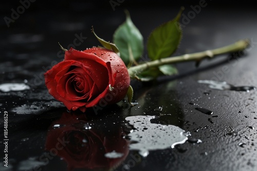 Red rose bud on black background dramatic contrast still life — ai