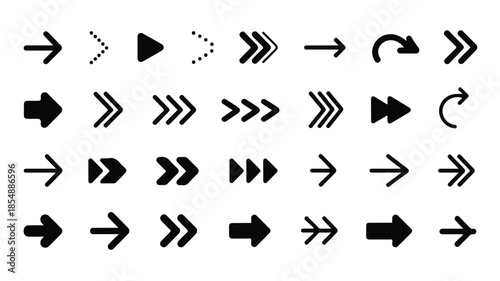 A collection of 35 black and white arrow symbols arranged in 5 rows against a white background. 