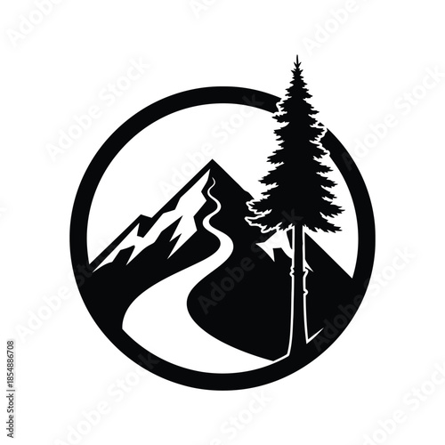 Minimalist circular mountain and pine tree logo, nature landscape with winding road vector.