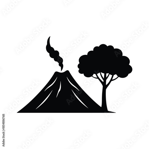 Minimalist volcano eruption and tree vector illustration, nature silhouette isolated on white.