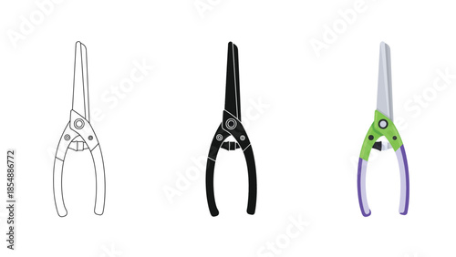 Pairs of Scissors Vector Set in Three Styles — Line Art, Silhouette and Color Version