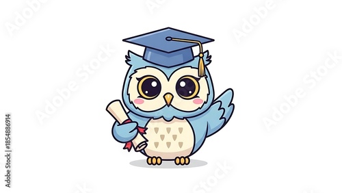 Cute Owl Graduation Character Holding Diploma with Academic Cap Illustration on White Background