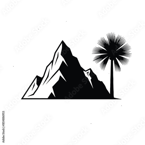 Minimalist mountain peak and palm tree vector, tropical nature landscape illustration.