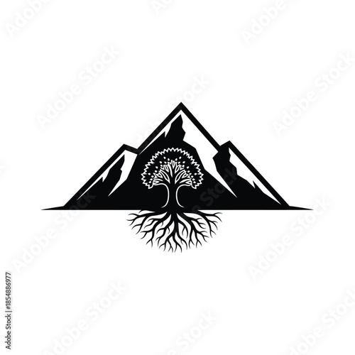 Minimalist mountain and tree with roots vector, nature balance silhouette illustration.
