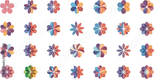 A collection of 25 multicolored flower like shapes arranged in rows