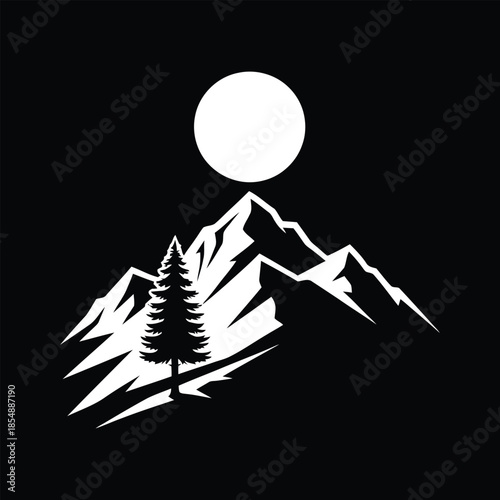 Midnight adventure logo element, sharp mountain summit and conifer trees symbol for night camping.