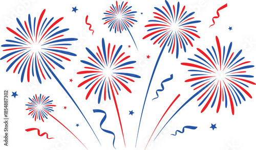 Red and Blue Fireworks Bursting with Stars and Ribbons on White Background celebration