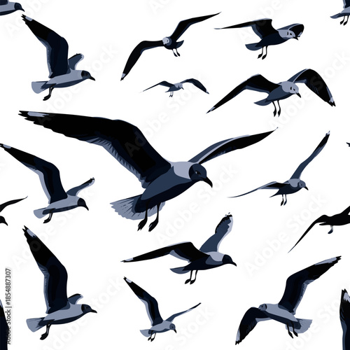 Isolated a kinds of different realistic Set of flying seagull silhouettes vector art with white background.