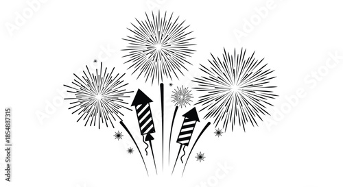 A striking black and white illustration depicts several fireworks exploding in a celebratory display