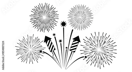 A celebratory image depicting several stylized fireworks bursts and sparkling trails rendered in black and white
